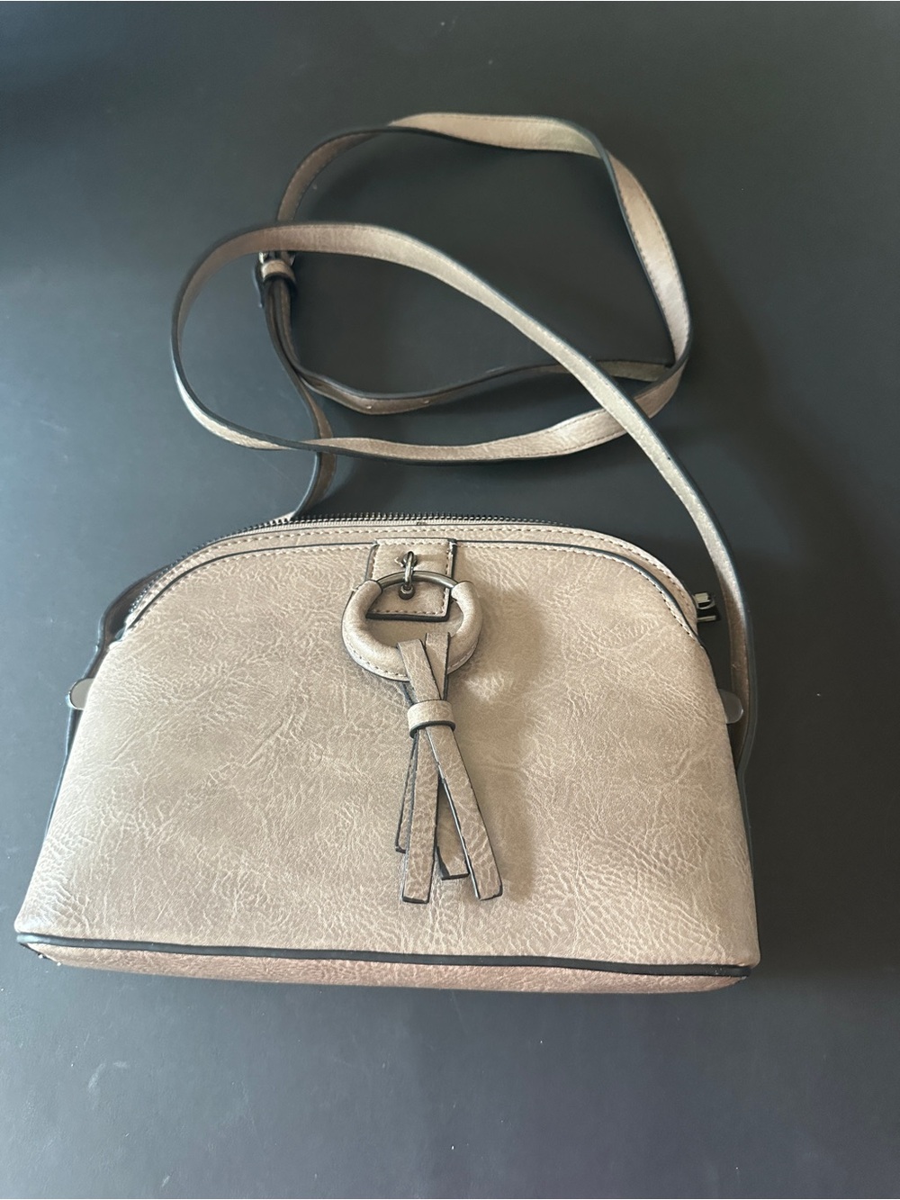Neutral Taupe Crossbody Bag with Tassel Ring